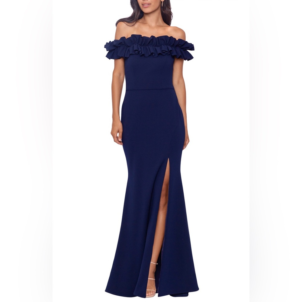 XSCAPE Navy Off-Shoulder Ruffle Crepe Trumpet Gown | Size 12 | Made in USA